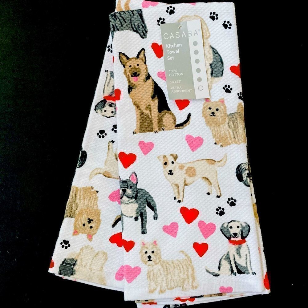 NWT Valentine Dogs & Hearts Kitchen Dish Towels Casaba